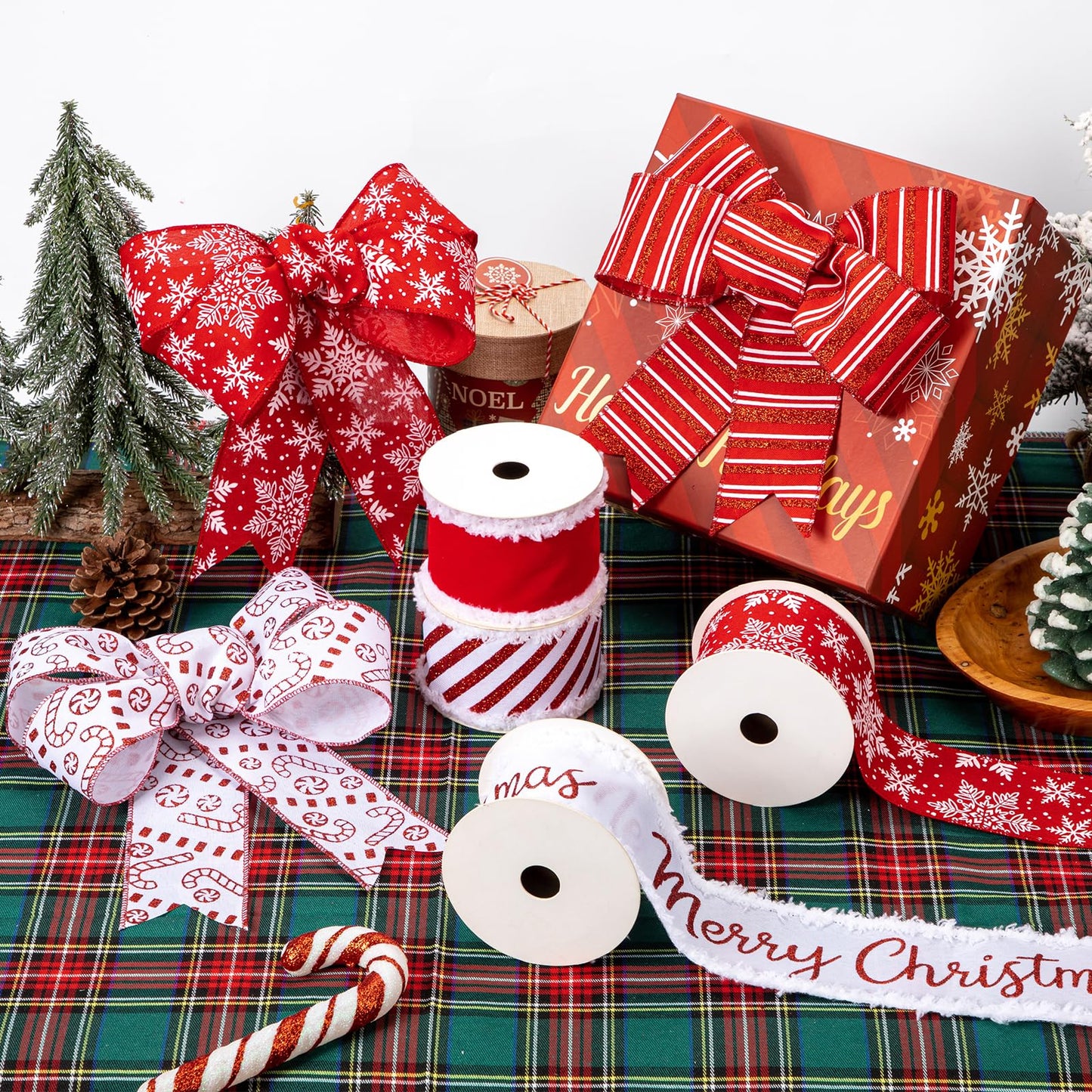 Hollyone Christmas Ribbon Wired 6 Rolls 30 Yards Red and White Christmas Ribbons Snowflake Candy Cane Ribbon Set for Christmas Tree Gift Wrapping Crafts Wreath Garland Bow Decor, 2.5 Inch