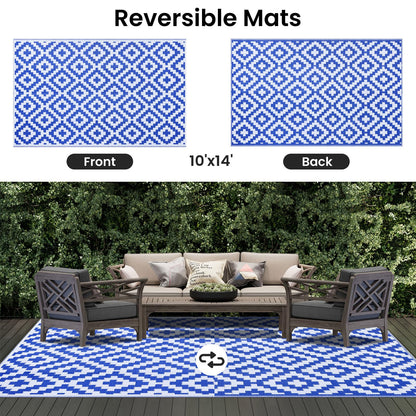Smiry Waterproof Outdoor Rug 10X14 ft, Reversible Plastic Straw Patio Camping Rugs, Outdoor Indoor RV Mat Carpet for Patio, Outside Entry, Backyard, Deck, Bench, Picnic, Camper, White & Blue