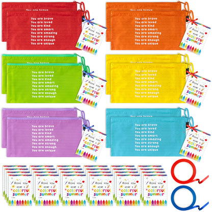 ANGOLIO 50Pcs End of Year Student Gift Includes Motivational Rainbow Pencils Pouch with Gift Inspirational Cards Hope You Have a Colorful Summer and Ribbons Stationary for Students Gifts Supplies