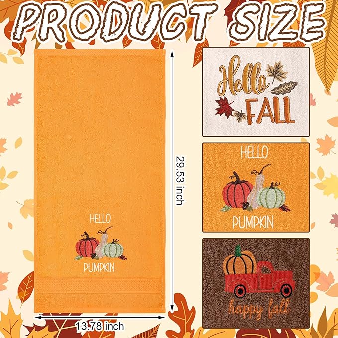 3 Pcs Fall Pumpkin Hand Towels for Bathroom Embroidered Bathroom Towels