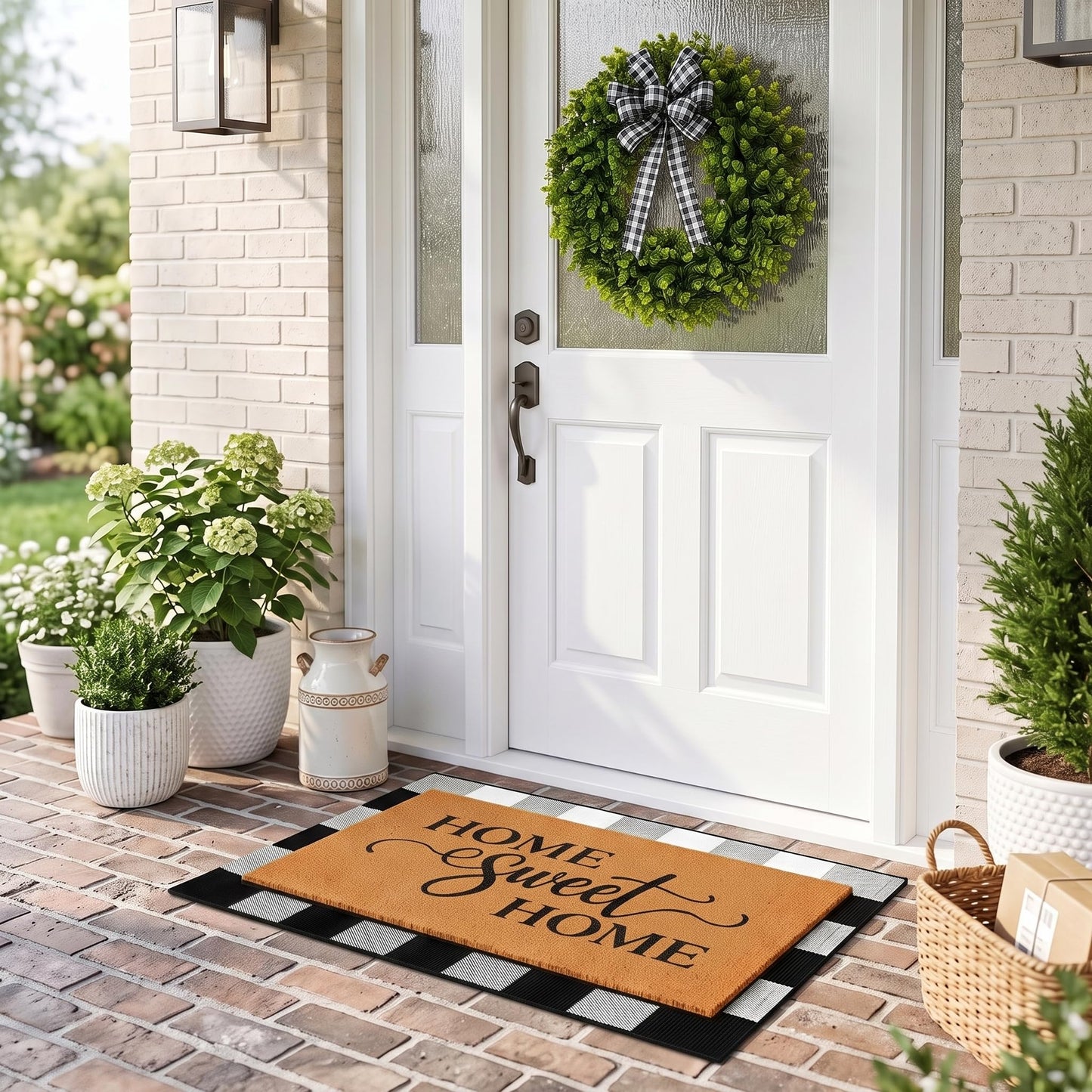 Britimes 3 Pcs Farmhouse Front Door Mat and Wreath Set Home Sweet Home Faux Coir Doormat Buffalo Plaid Layering Rug and 19" Greenery Wreath Outside Decor for Porch
