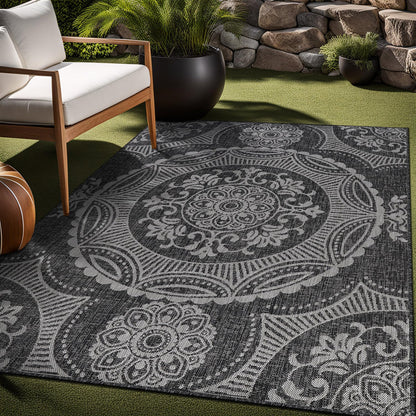 Luul Home Medallion Outdoor Rug 9x12 Washable Outside Carpet for Indoor Patio Porch Waterproof Easy Cleaning Non Shedding Area Rugs Dark Gray 9 x 12