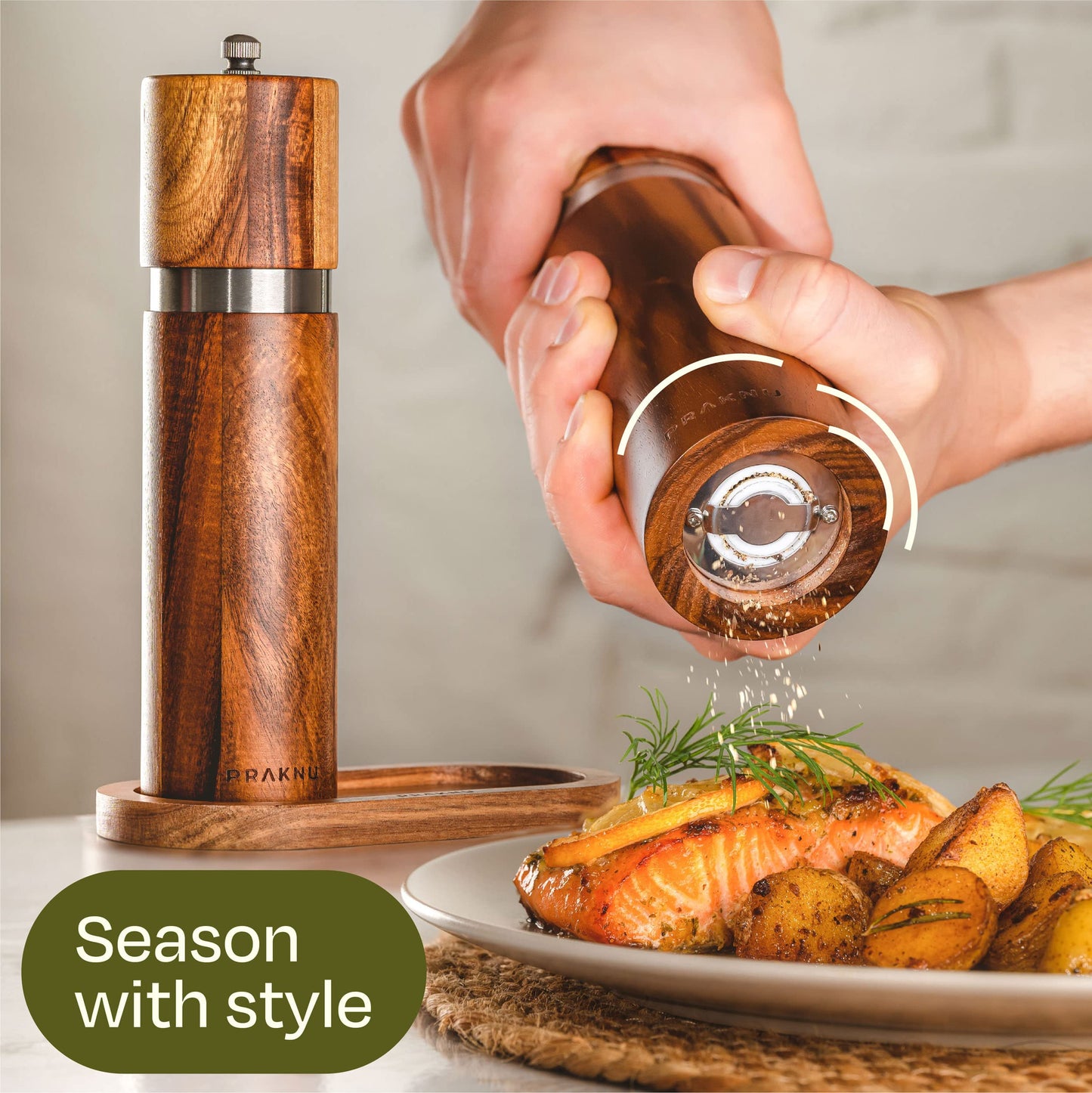 Salt and Pepper Mill Set with Tray - Made from FSC® Acacia Wood - Durable Ceramic Grinder - Plastic-Free