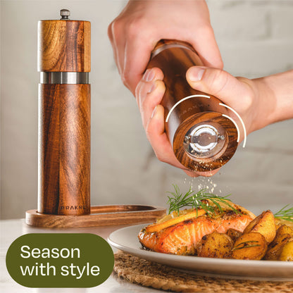Salt and Pepper Mill Set with Tray - Made from FSC® Acacia Wood - Durable Ceramic Grinder - Plastic-Free