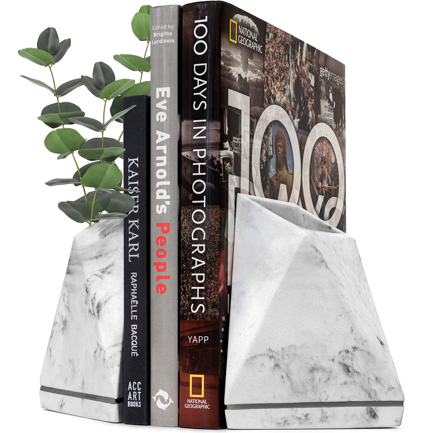 BDECOR Marble Style Bookends - Decorative, Heavy Duty Book Holder for Shelves, Non Skid, Unique Design (White)