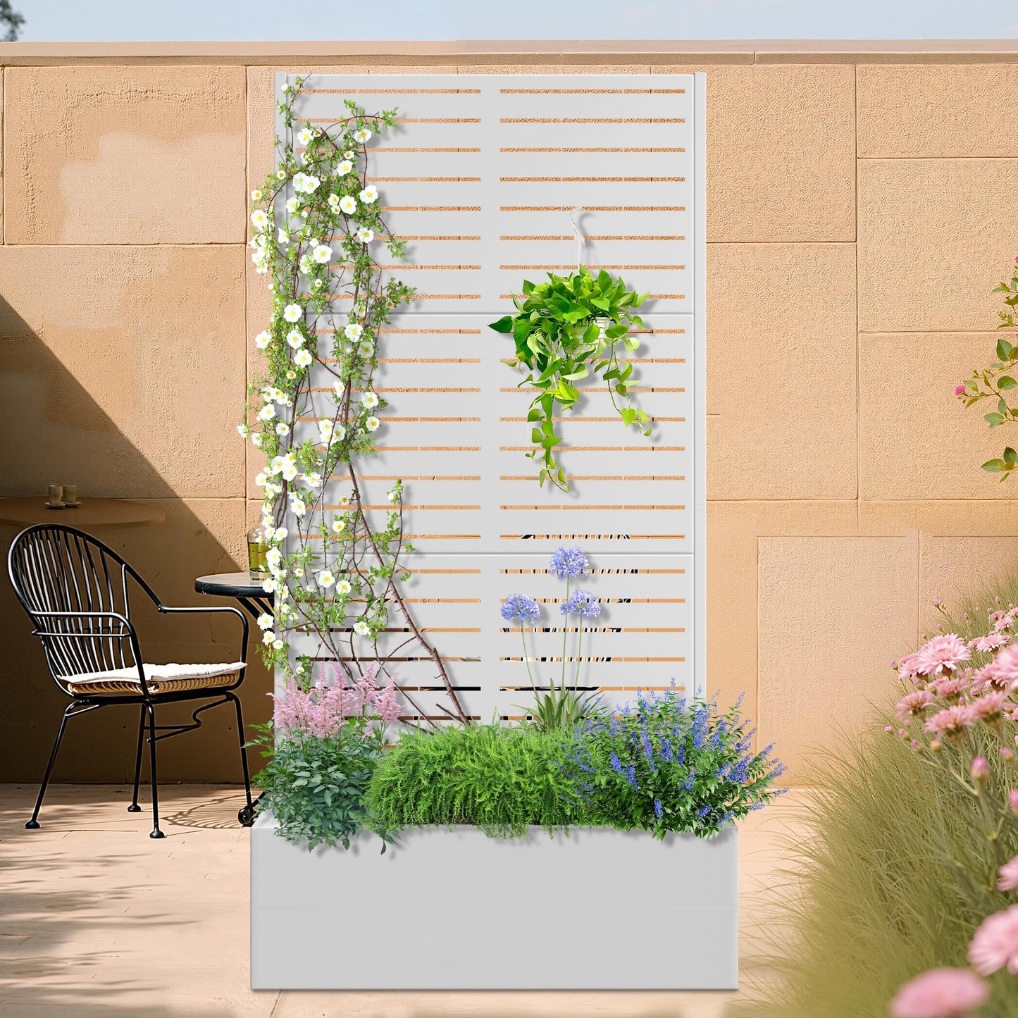 Metal Planter Box with Trellis, Heavy-Duty Raised Garden Bed for Climbing Plants, Drainage Hole, Outdoor Planter Box with Privacy Screen，35''L×16''W×71''H