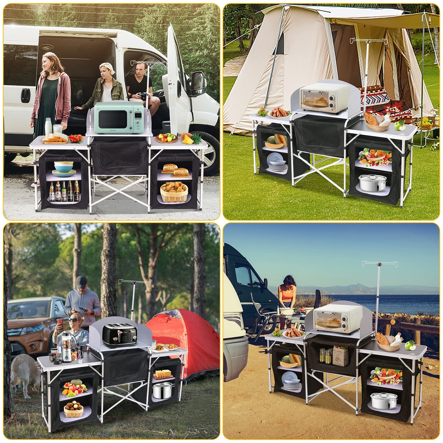 Nice C Camping Kitchen Table, Folding Grill Table, Upgrade Light Stand and Windshield Cooking Station & 3 Organizers, Carry Bag for Outdoor, Beach, BBQ, Picnic, Cooking, Indoor, Office(Silver)