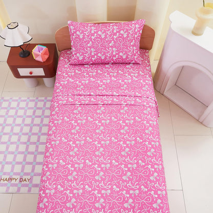 lasoftan Kids Sheet Set Twin Size, Twin Sheet Set with Pink Bow Pattern，Breathable Silky Soft Microfiber Kids Fitted Sheet