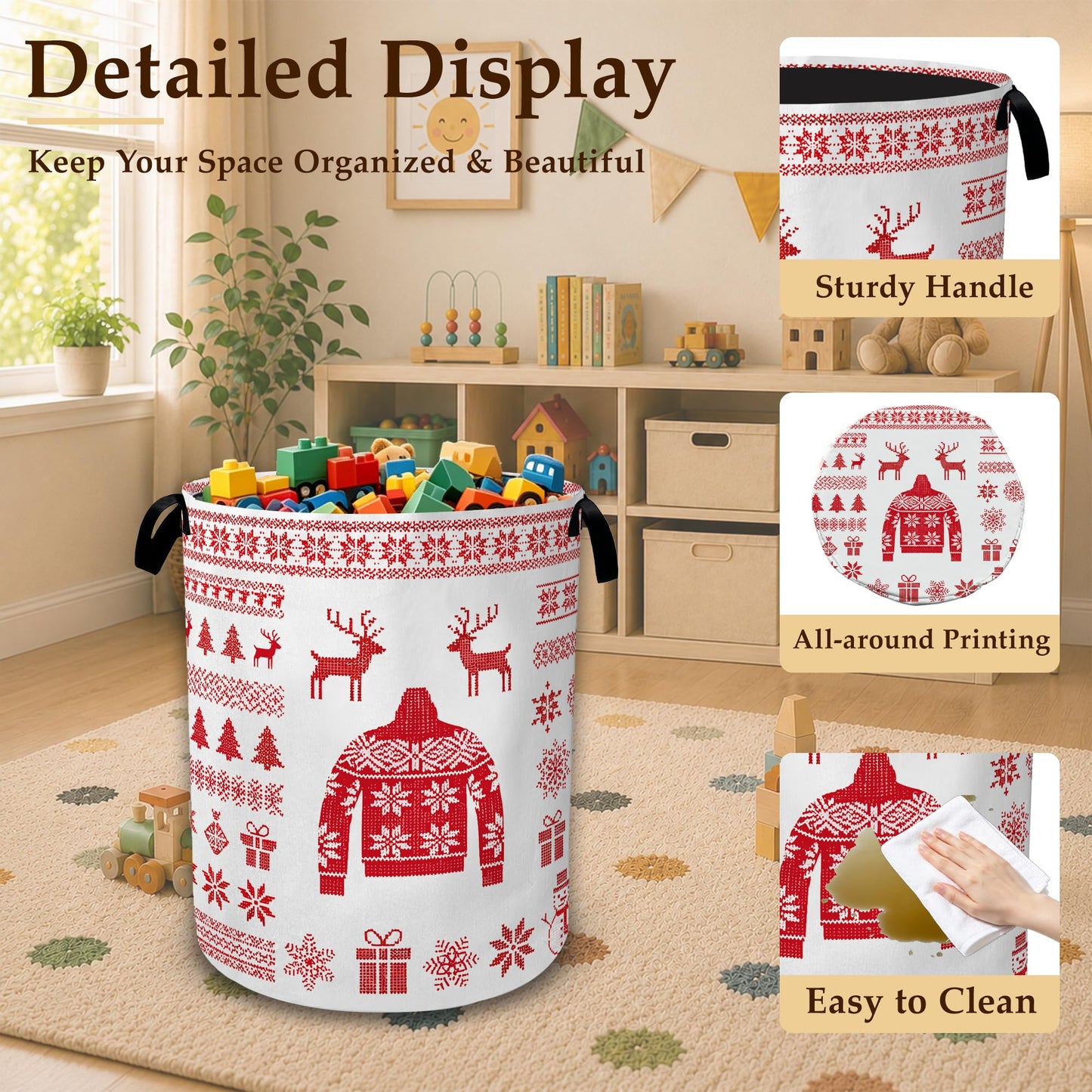 Christmas Cloth Laundry Basket with Handles, Foldable Tall Oxford Clothes Hamper, Lightweight Water-Resistant Storage Bin for Bedroom Bathroom College Dorm, 16 x 20.8 Inch