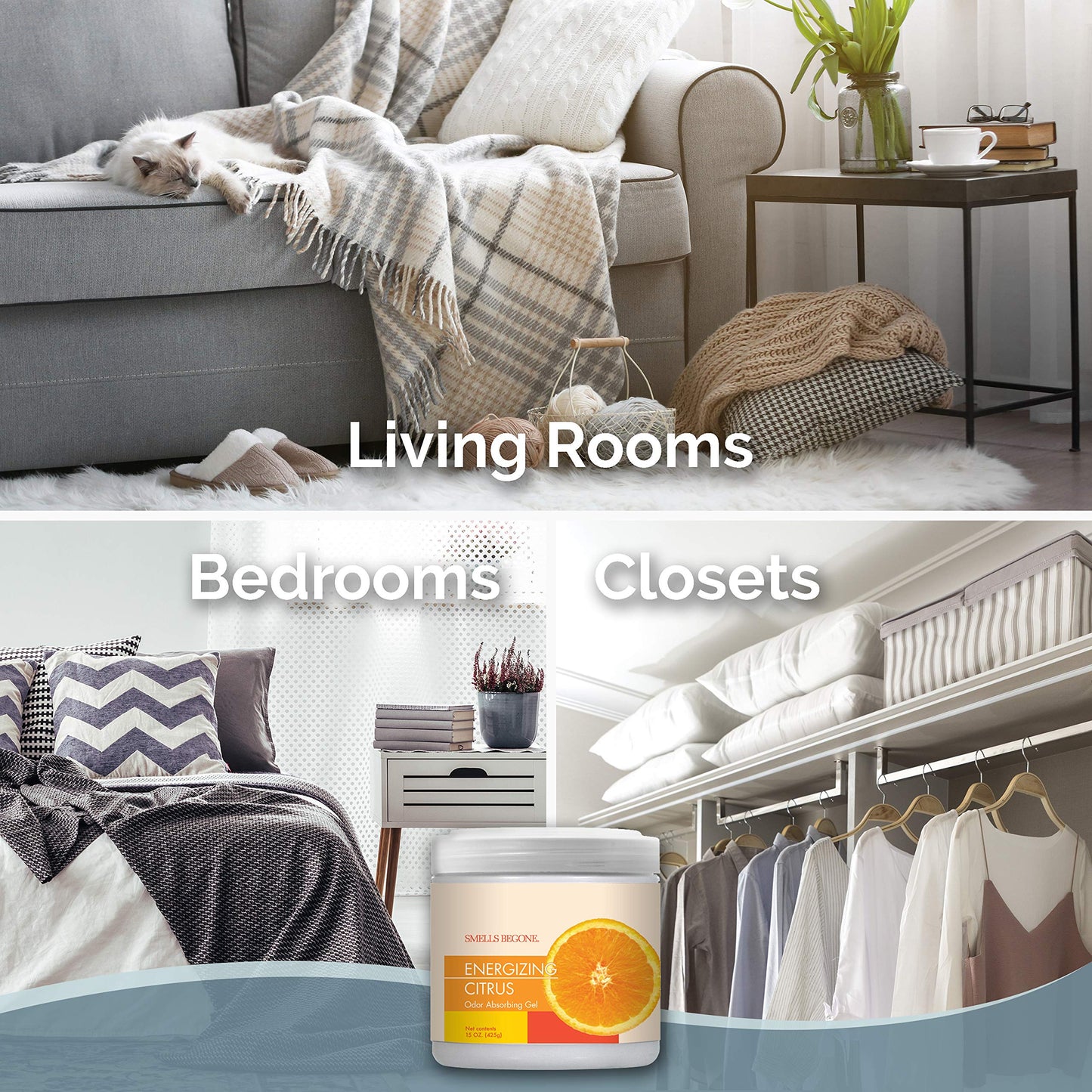 SMELLS BEGONE 15 oz Air Freshener Odor Absorber Gel - Absorbs Odor from Bathrooms, Cars, Pet Areas, Boats & RVs - Made with Essential Oils - Energizing Citrus Scent