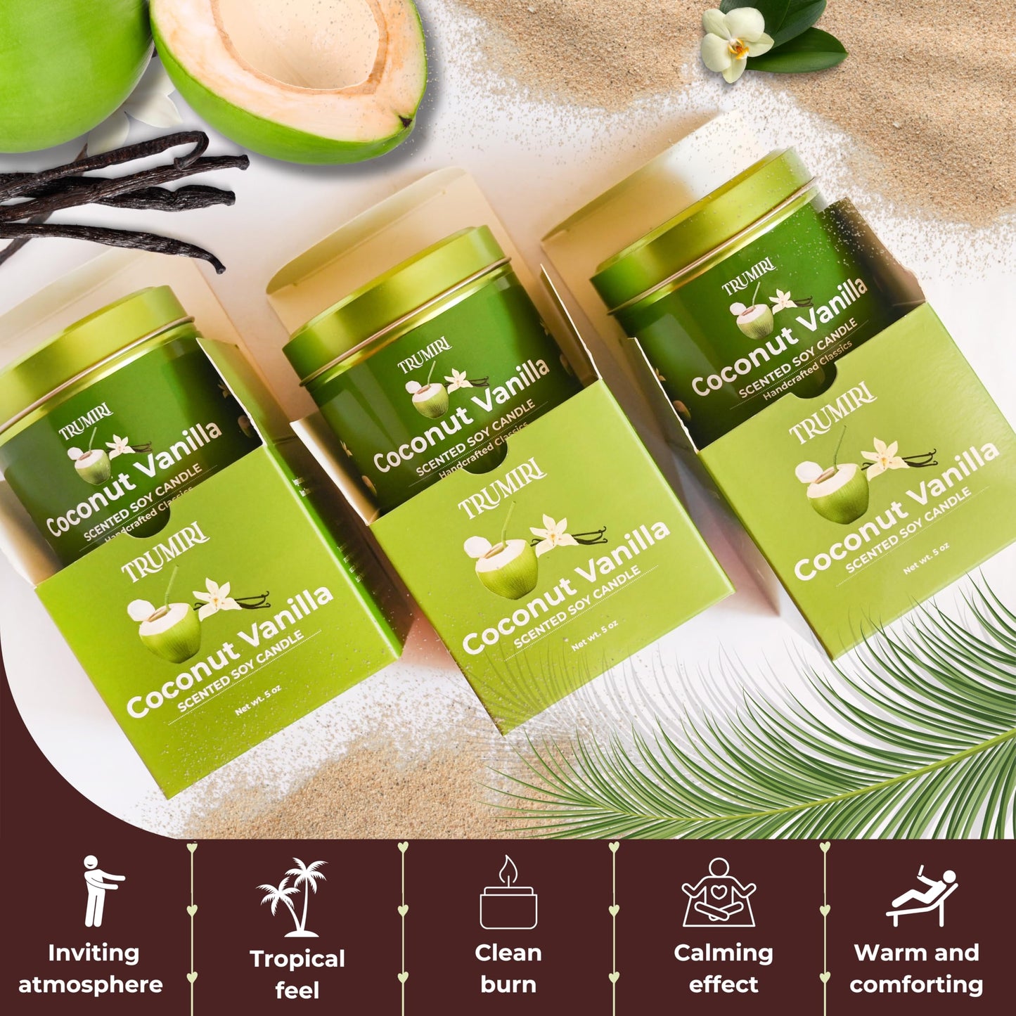 Coconut Vanilla - Aromatherapy Candles for Home Scented - Pack of 3-5oz Natural Soy Wax Clean Organic Non Toxic - Long Lasting Highly Scented with Essential Oils - Gifts for Women Relaxing Spa