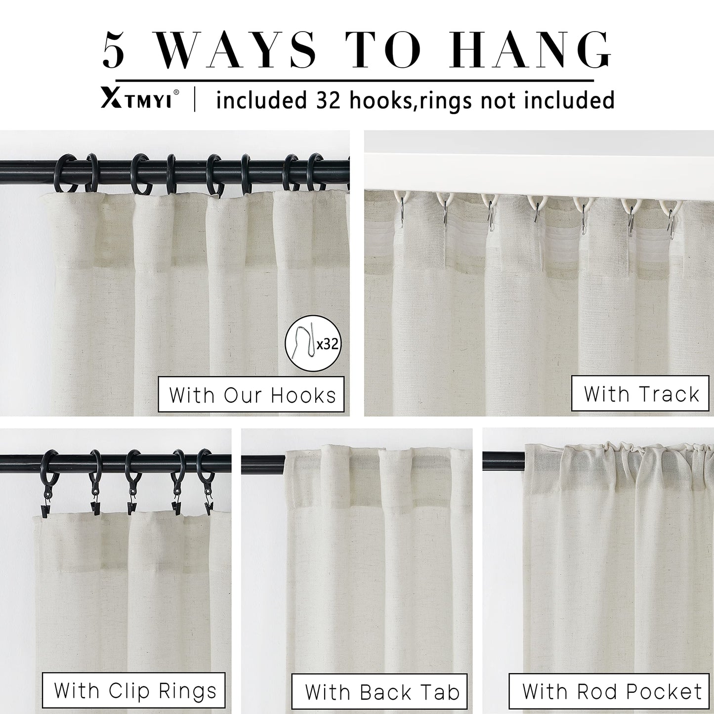XTMYI Linen Cotton Farmhouse Curtains for Living Room Bedroom 84 Inches Long Two Sheer Hook Belt Pleated Back Tab Birch Off White Ivory Neutral Boho Sour Cream Curtain Drapes 84 Length 2 Panels Set