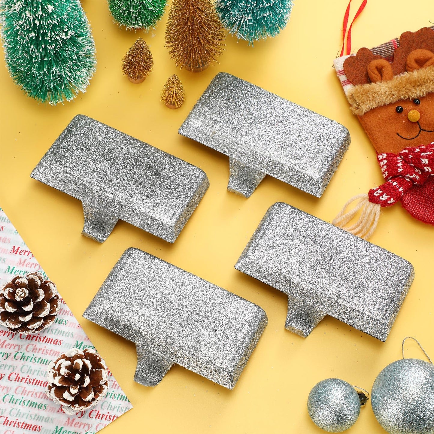 Huwena 6 Pcs Metal Christmas Stocking Holders Shiny Mantle Heavy Duty Stocking Hangers Glitter Hanging Hooks Christmas Ornaments for Fireplace, Silver