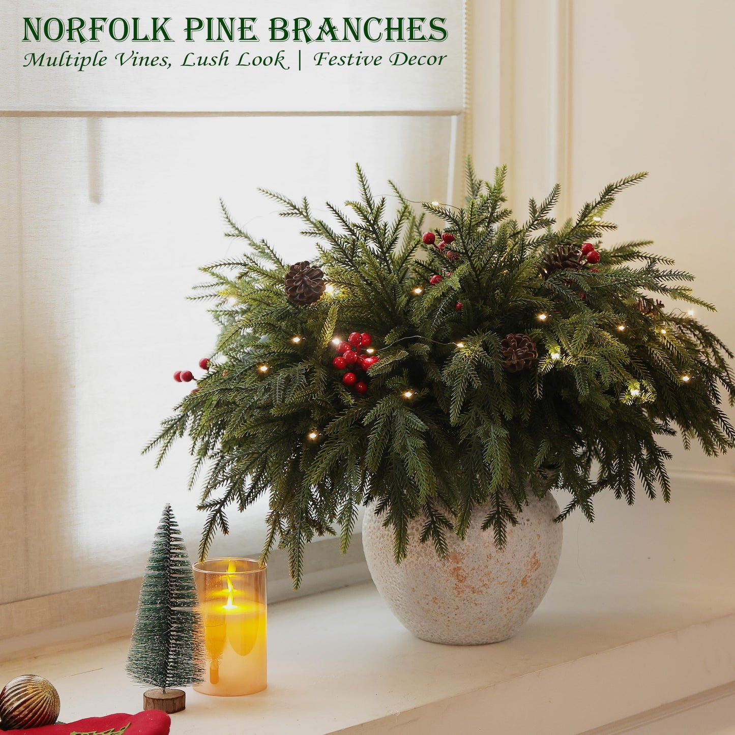 QXXQ 12-Piece Set 24" Artificial Norfolk Pine Branches - Christmas Decorations - Faux Christmas Greenary - Faux Norfolk Pine Stems for DIY Crafts Garland Wreath Home Decor- Free LED String Lights