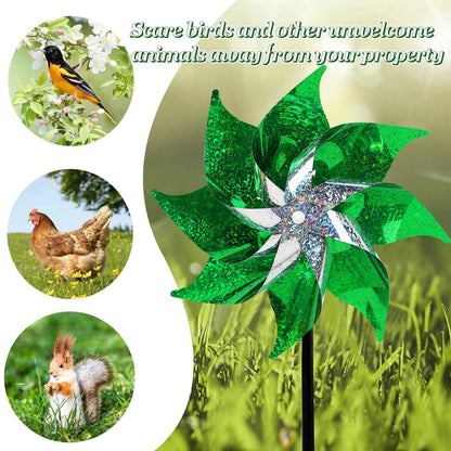 Hausse 10 Pack Reflective Pinwheels Holiday Decor (Assembly Required), Sparkly Wind Sculptures for St. Patrick's Day Decorations Party Supplies, Scare Birds Away from Garden Yard Patio Farm, Green