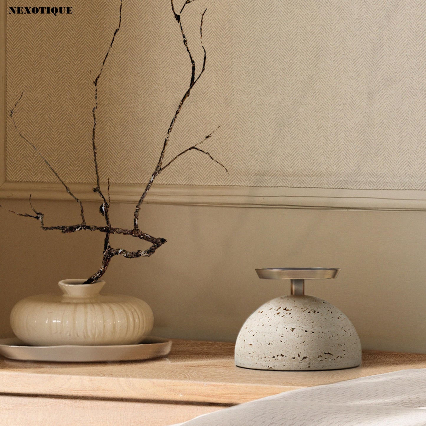 NEXOTIQUE Marble Pillar Candle Holder, Travertine Candle Holder Centerpiece for Cozy Home Décor, Stone Candle Holder Plate Decorative for Coffee Table Decor for Living Room, Dining Table Centerpiece