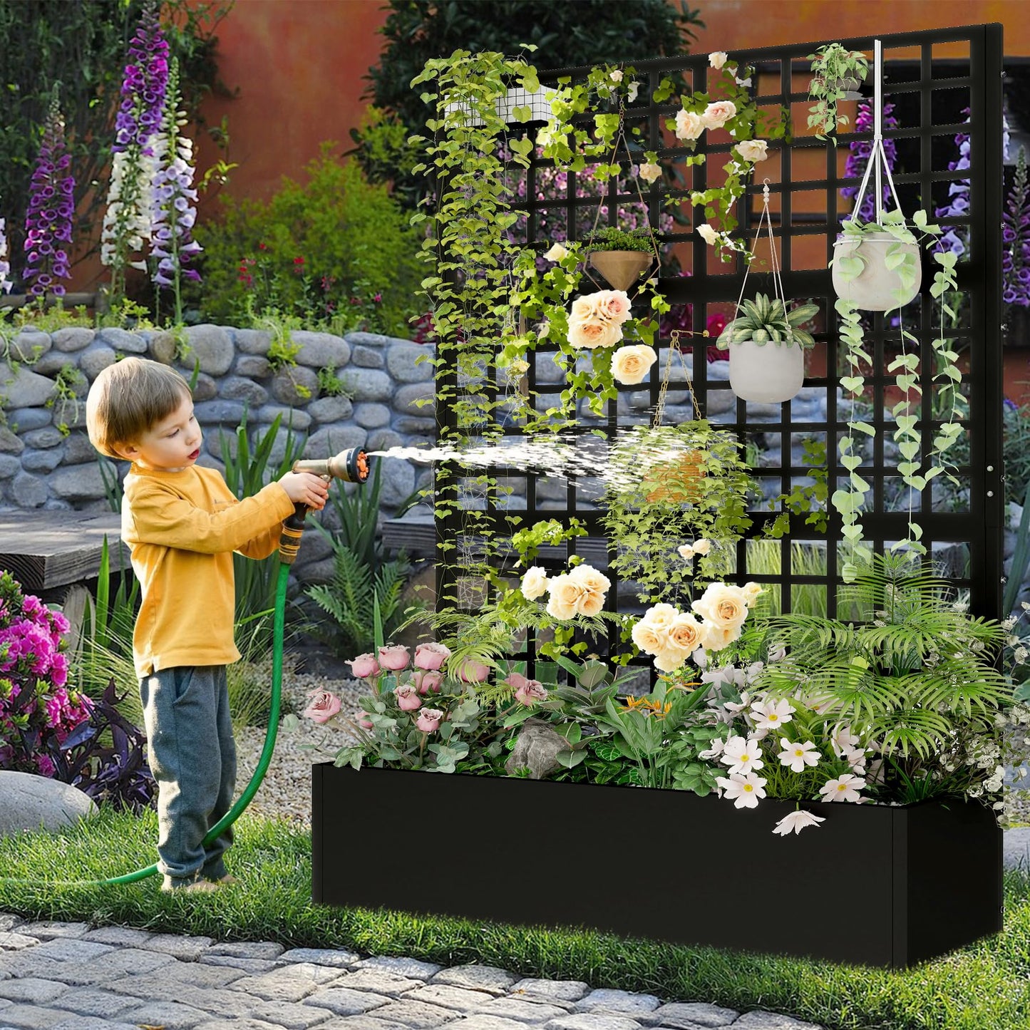 Toriexon Metal Planter with Trellis 72" x 47’’ x 16", Raised Garden Bed with Trellis, Planter Box with Privacy Screen for Climbing Plants, Flowers, Vegetables, Fruits