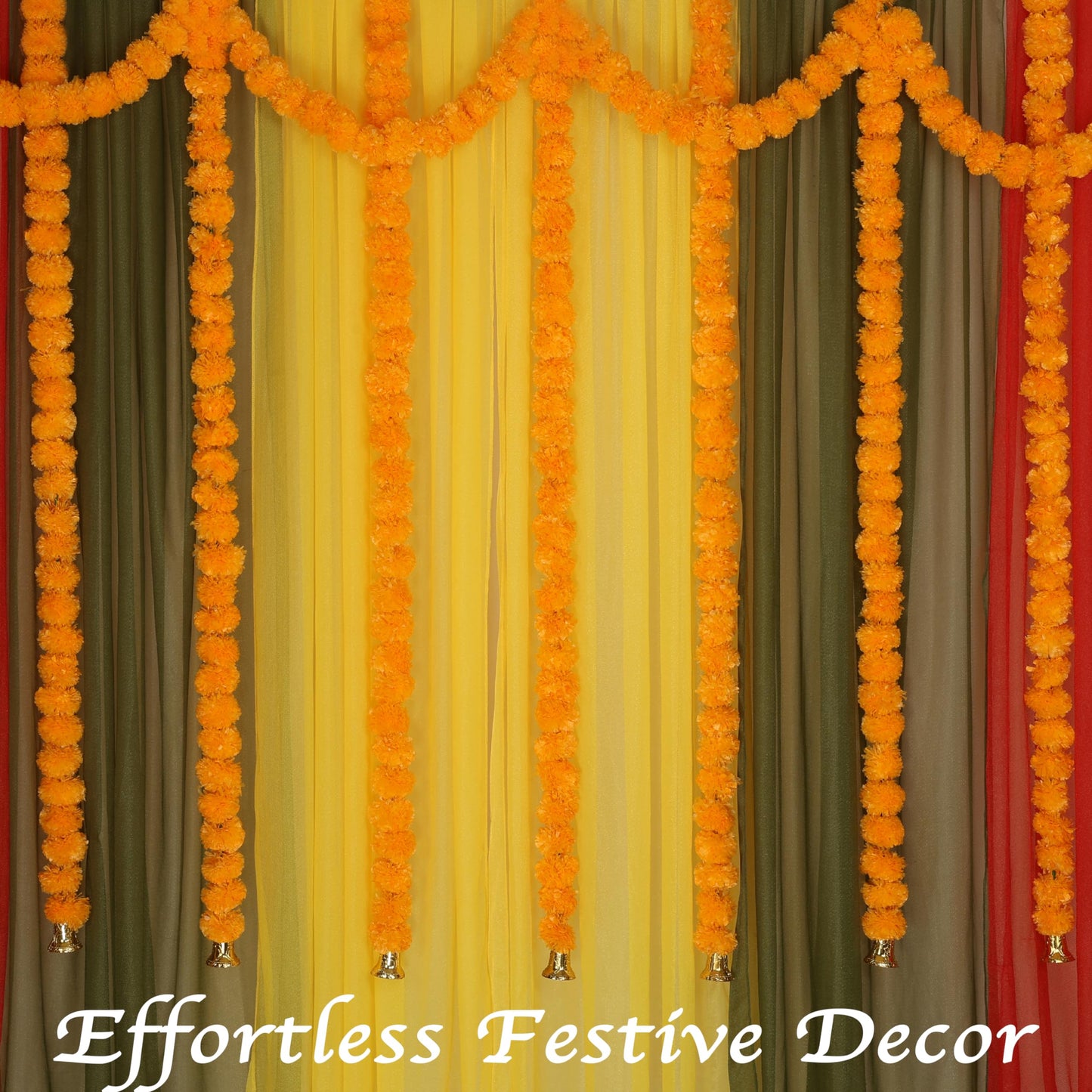 Marubhumi 5-PC Artificial Marigold Flower Garland – 4.5 Feet Long Strands with Bells | Mango Color | Diwali, Wedding, Home, and Christmas Décor