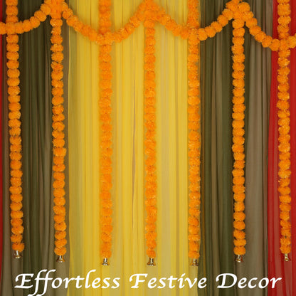 Marubhumi 5-PC Artificial Marigold Flower Garland – 4.5 Feet Long Strands with Bells | Mango Color | Diwali, Wedding, Home, and Christmas Décor