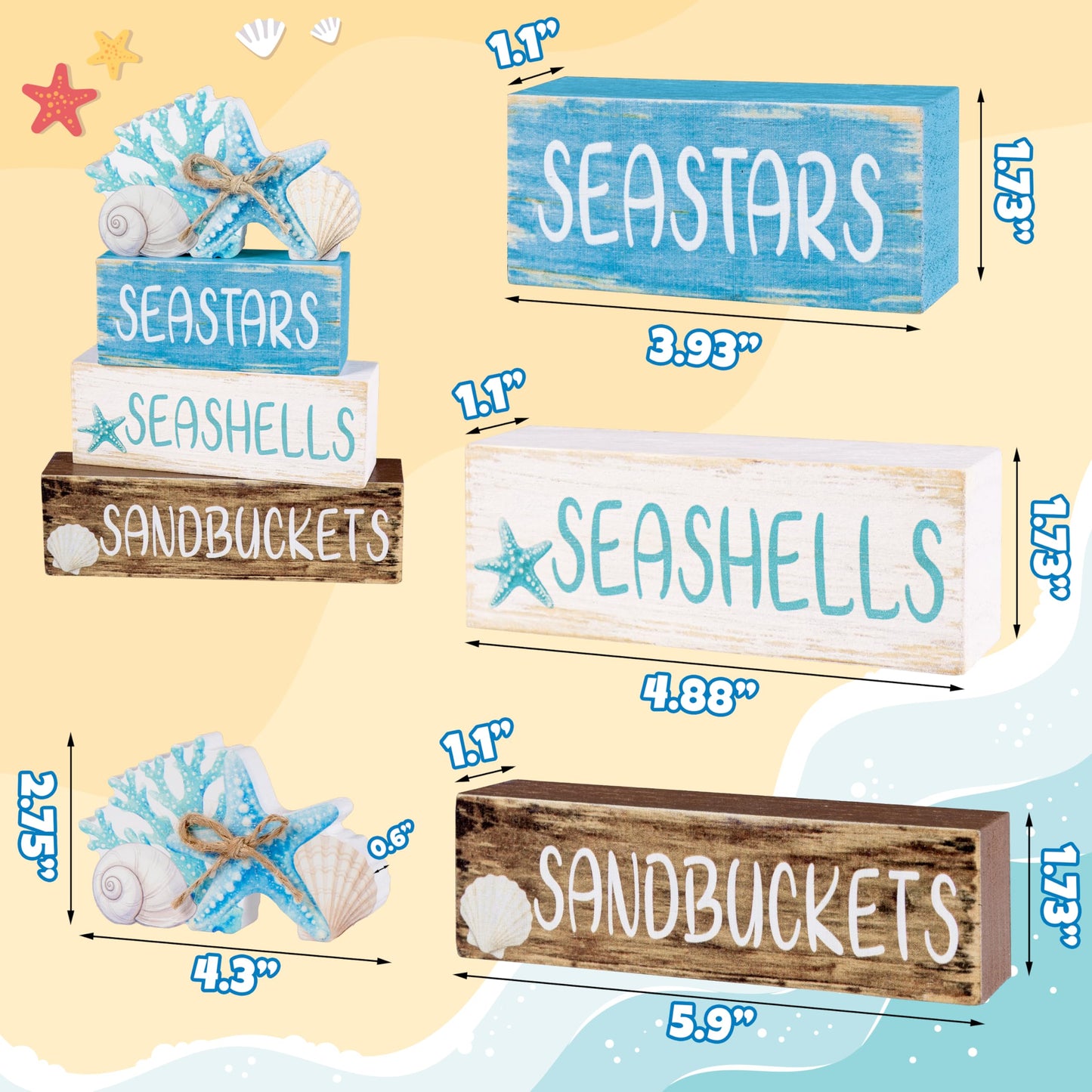 Beach Coastal Wooden Table Centerpieces Decorations for Home, Summer Ocean Blue and White Tabletop Signs Under the Sea Tiered Tray Sea Shell Party Decor for Mantel