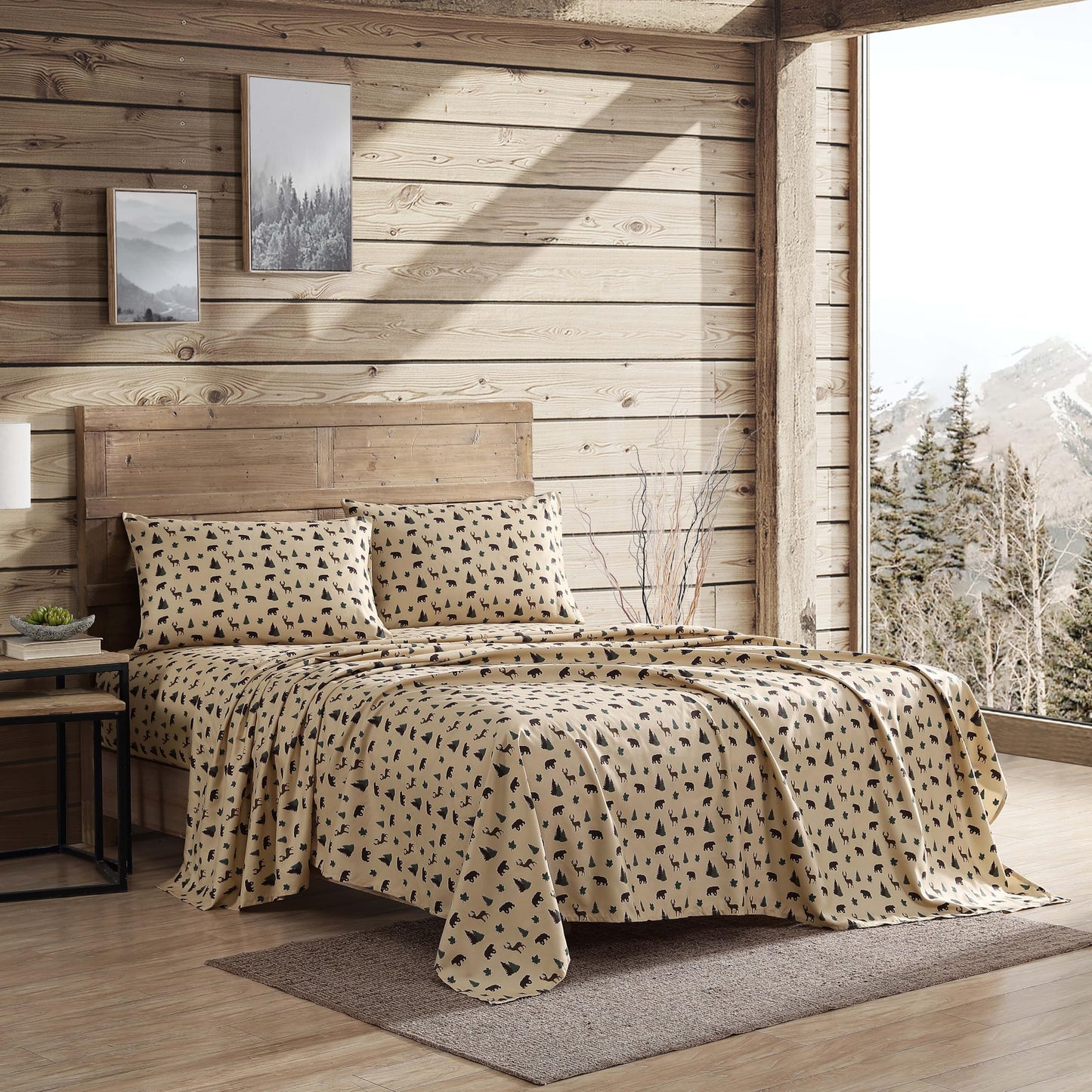 Beatrice Home Fashions Cozy Cabin 4-Piece King Microfiber Bedding Sheet Set with Deep Pockets Rustic Patchwork Plaid Deer, Brown Tan Green