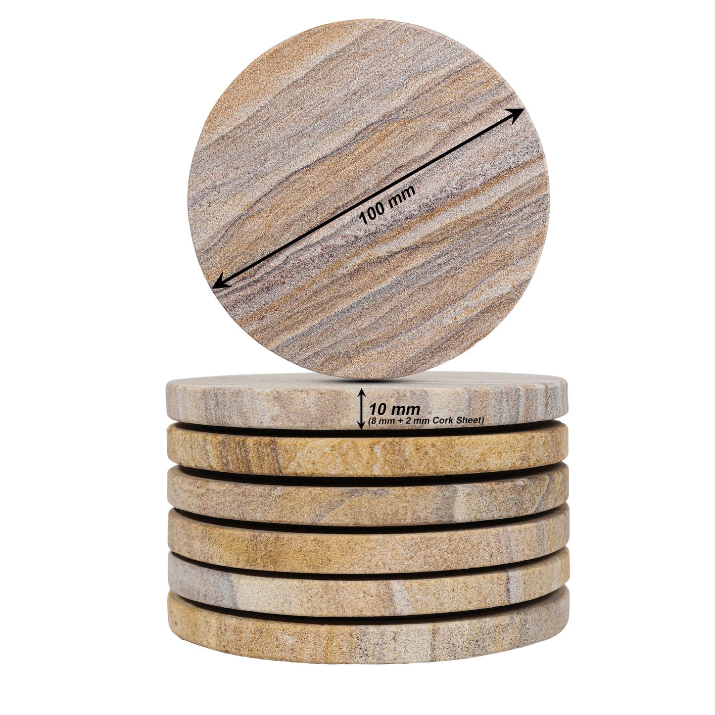 Marbco Sandstone Water Absorbent Hand Crafted Round Coasters for Drinks - 4 Inches Wide Thirsty Stone Bar/Drink Coasters- Made from Rainbow Sandstone (Set of 6 Without Holder)
