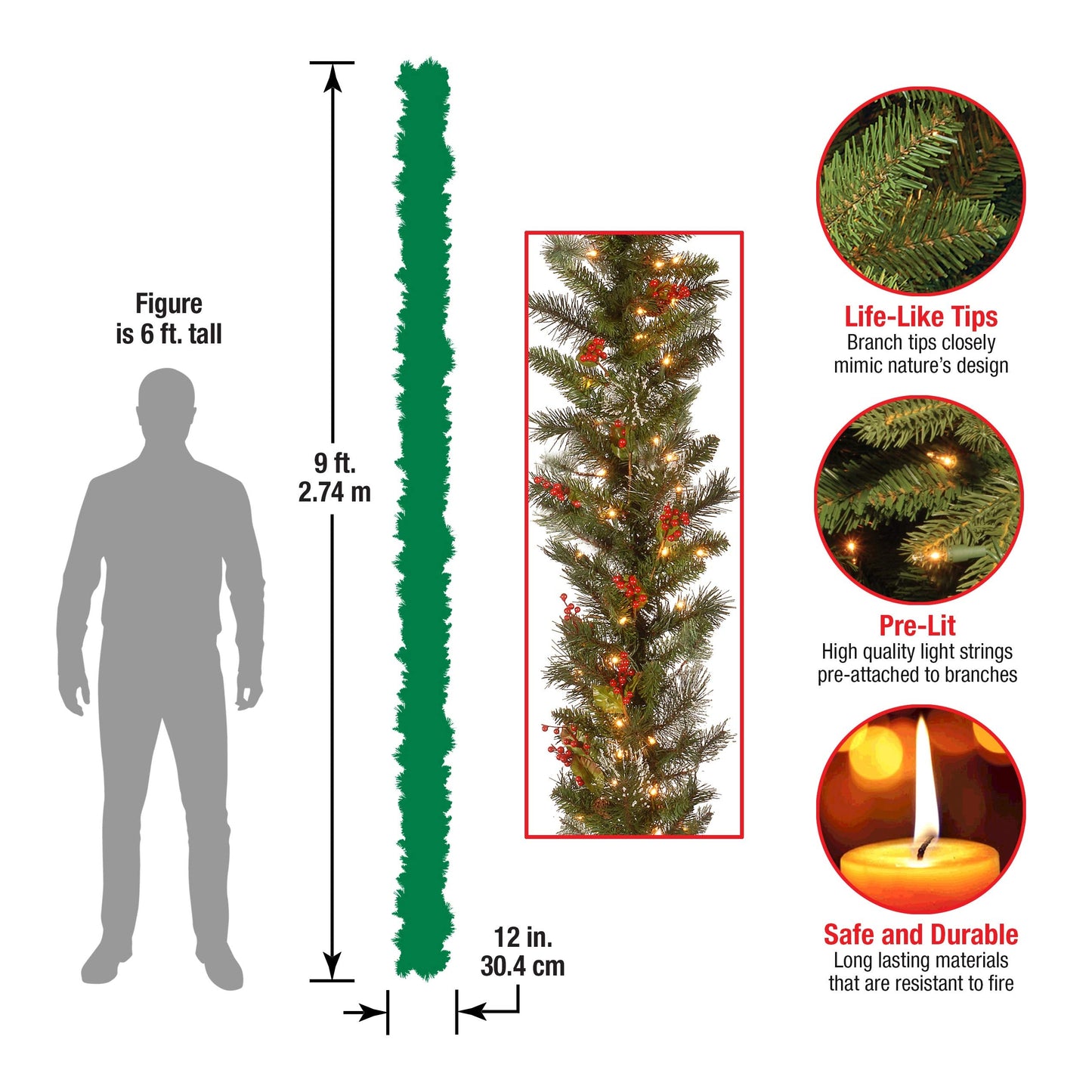 National Tree Company 9 ft Pre-Lit Wintry Pine Flocked Artificial Christmas Garland, Christmas Decoration with Pinecones, Red Berries, 100 Clear Lights, 184 Tips, Green