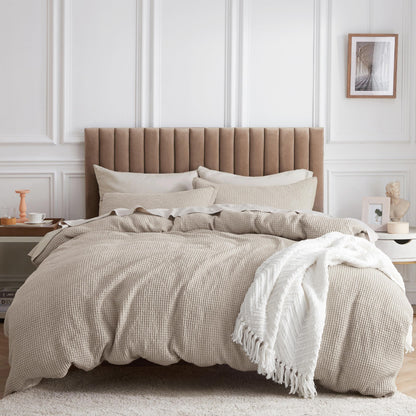 Bedsure 100% Cotton Duvet Cover Queen Size with Fitted Sheet - 4 Pieces Linen Waffle Weave Duvet Covers, PureWowen Breathable Bedding Set, 1 Duvet Cover 90x90, 1 Fitted Sheet, 2 Pillow Shams