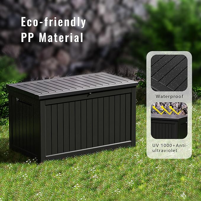 DRATO 280 Gallon Deck Box, Outdoor Large Waterproof Resin Storage Box with Lockable Lid for Patio Cushions, Gardening Tools（Black，280 Gallon）