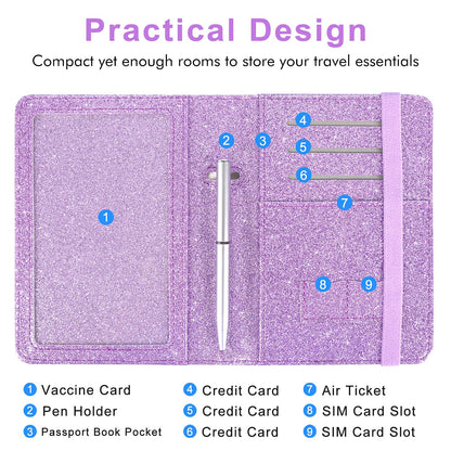 Caweet Passport Holder and Vaccine Card Holder Combo RFID Blocking Leather Vaccination Card Wallet with Elastic Band Closure, Glitter Purple