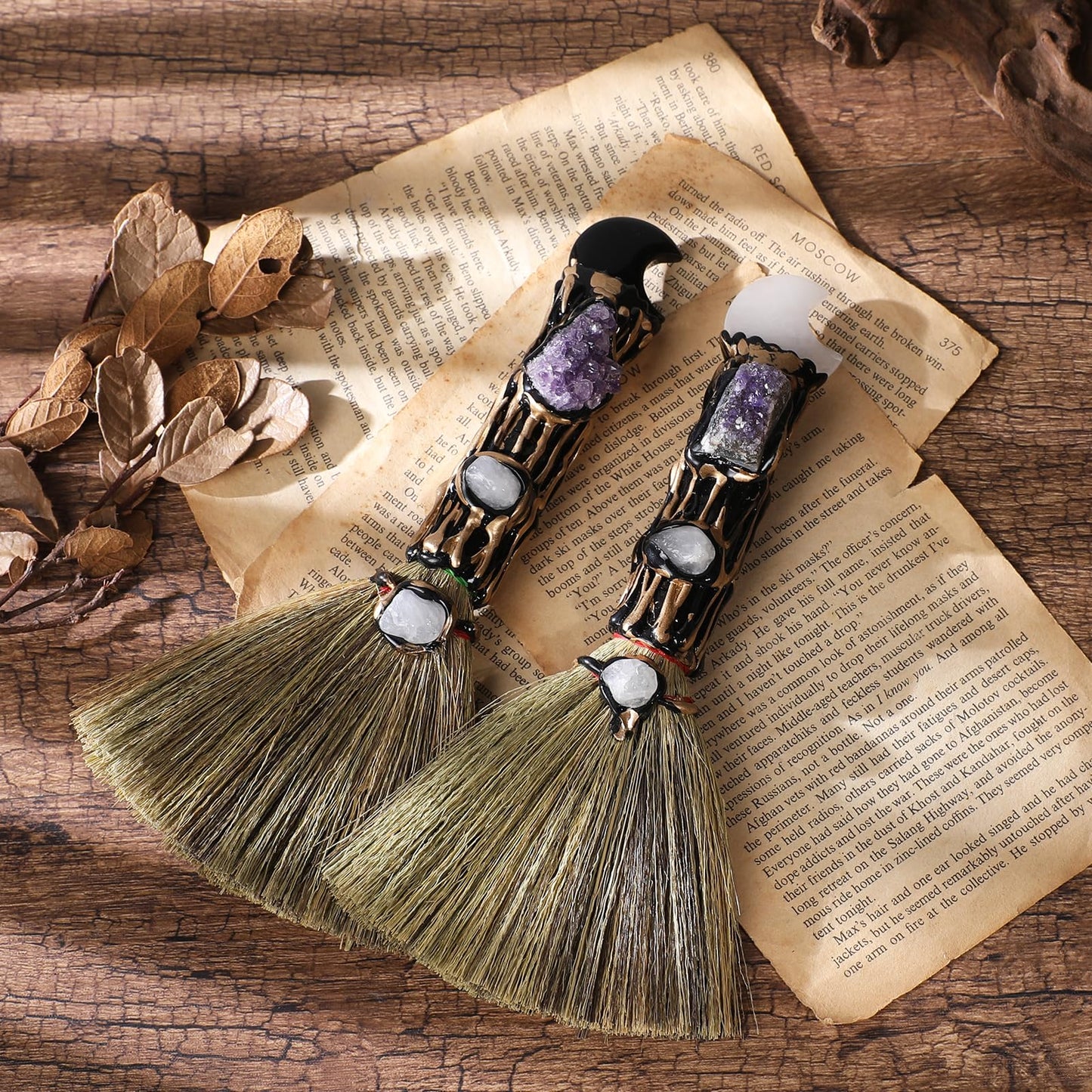 RENEMEGO Witch Crystal Altar Broom - Witchcraft Supplies Wiccan Decor Altar Supplies with Moon Black Obsidian Natural Healing Crystals Reiki Energy Emotional Regulation Wealth Attraction Crafts