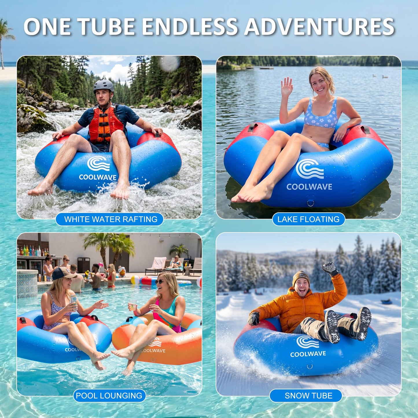 COOLWAVE Inflatable River Tube with Hand Pump, Heavy-Duty River Tubes for Floating, 43" Floating Tube with Mesh Seat for River, Lake, and Whitewater, Float Tube for Family and Friends, 300LBS Capacity