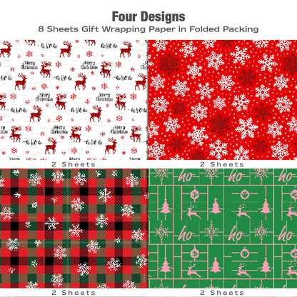 MotiGiftie Christmas Wrapping Paper for Kids Adults - Xmas Wrapping Paper with Red/Green Plaid, Reindeer, Snowflakes, “Ho Ho” Xmas Trees - 20 x 28 Inches, 8 Folded Sheets, Easy to Store