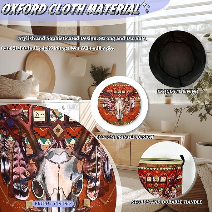 Longhorn Cattle Skull Laundry Basket Oxford Cloth Colorful Tribal Laundry Hamper