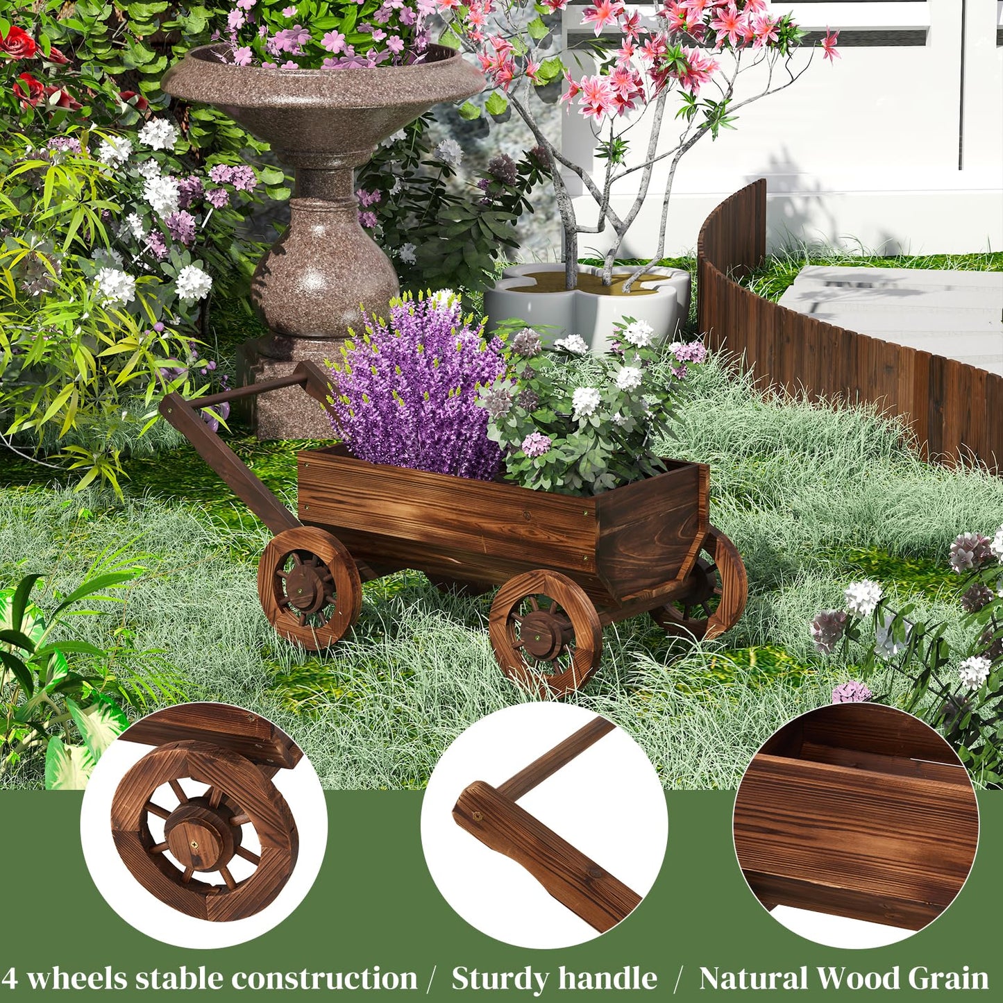 PULIJIAJU Wooden Wagon Garden Planter Cart with Wheels Rustic Flower Pot – Indoor Outdoor Patio Backyard Balcony Decor for Succulents, Flowers and Plants（Carbonized-L