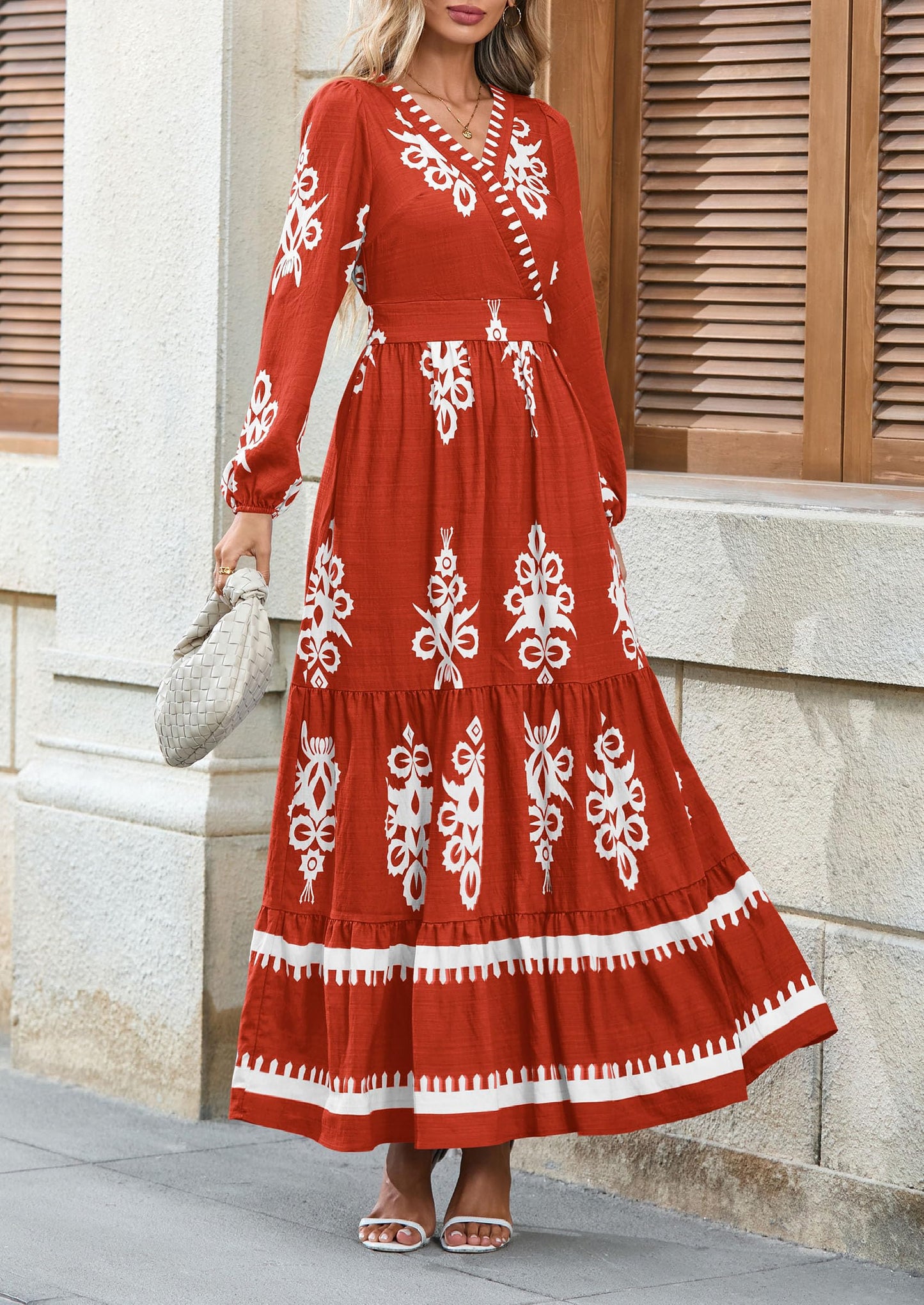 PRETTYGARDEN Women's 2025 Fall Wedding Guest Dresses Boho Floral Long Sleeve V Neck Flowy Elegant Maxi Dress Beach Clothes