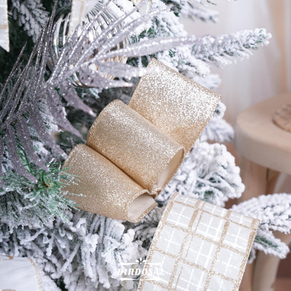 DINDOSAL Champagne Christmas Ribbon Wired 2.5 Inch, 6 Rolls 36 Yards Glitter Champagne Gold Christmas Tree Ribbon for Garland, Wreaths, Bows, Ribbon for Christmas Decor