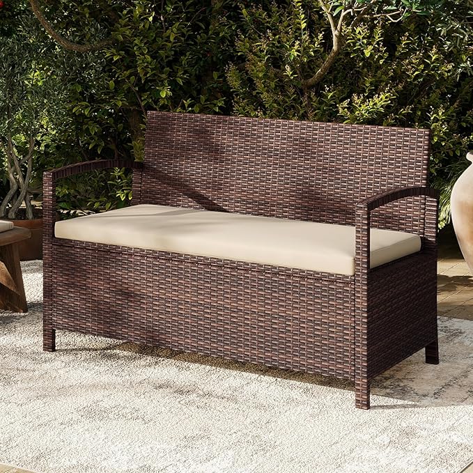 Tangkula 42 Gallon Outdoor Bench with Storage, Outdoor PE Rattan Storage Bench with Cushion, Backrest & Acacia Wood Armrests, Metal Frame, Waterproof Deck Box Seat for Porch Backyard Poolside