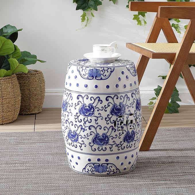 JONATHAN Y TBL1000A Lotus Flower 17.8" Chinoiserie Ceramic Drum Indoor/Outdoor Garden Stool Bohemian, Coastal, Classic, Cottage, French Country, Traditional, Bathroom, Garden Room, Patio, Blue/White