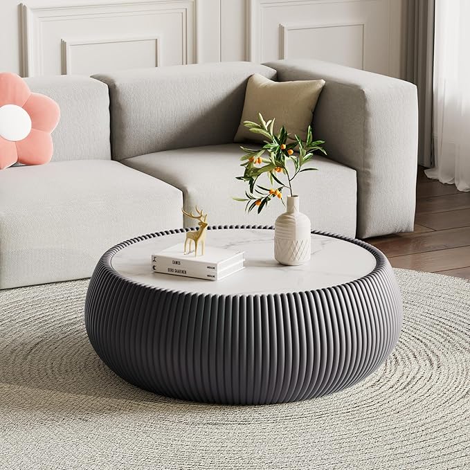 27.55" Round Marble Coffee Table, Modern Fluted Coffee Table