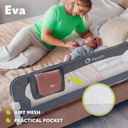 lionelo EVA Bed Rail Guard 150Lx42H cm Foldable 180° with tilt adjustment, Mesh Fabric, SecureBelt Straps Safety Barrier for Toddlers bed with Safe Lock, Storage Pocket, Durable Frame, Easy to Install