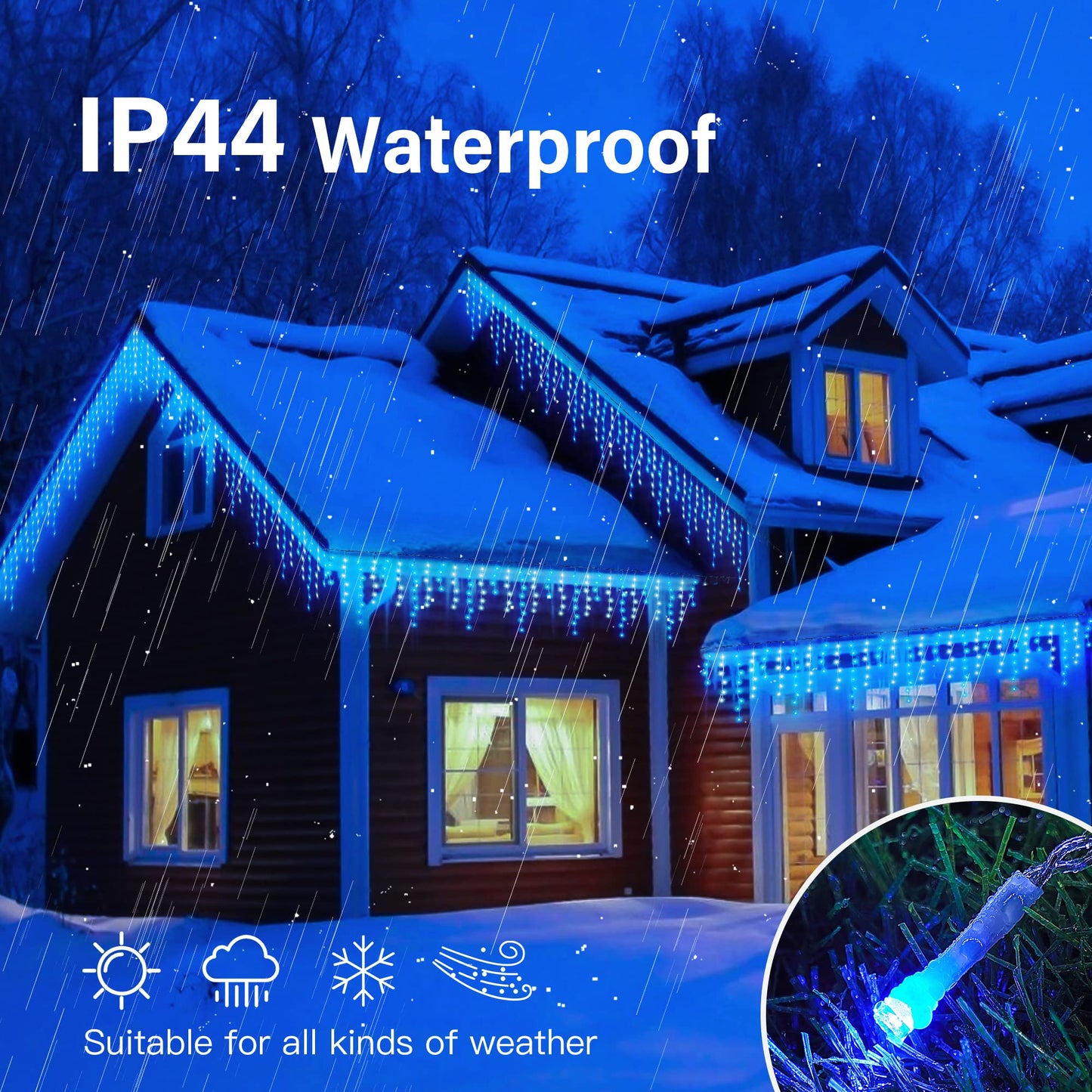 Hopolon 33FT 360L LED Christmas Icicle Lights Outdoor Waterproof,8 Modes Plug in Curtain String Lights with 60 Drops for Wedding,Party, Bedroom, Home, Garden, Wall Decorations(Blue White)