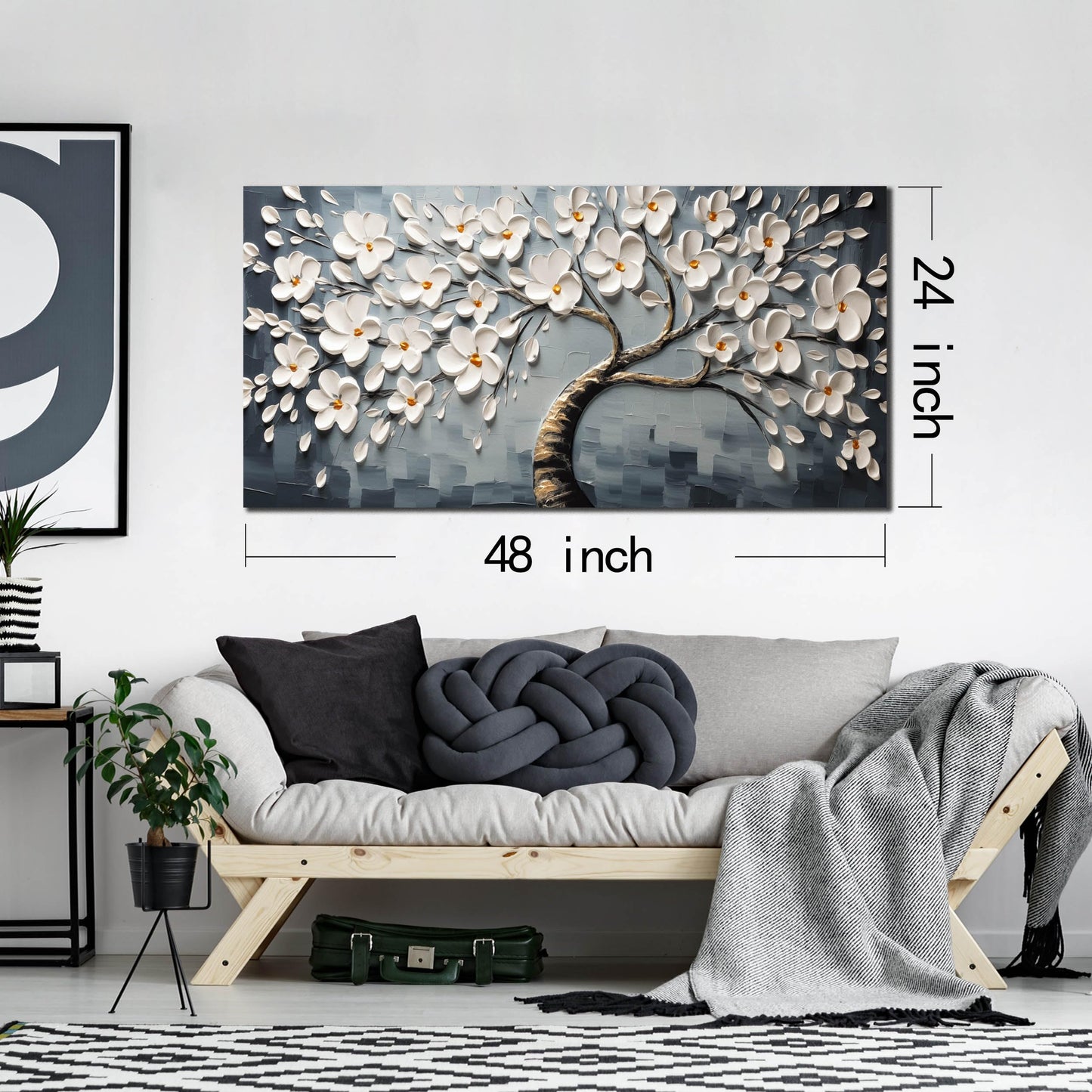 Canvas Wall Art for Living Room White Flowers Tree of Life Picture Print Paintings Large Framed Bedroom Wall Decor Artwork Modern Gallery Plant Wall Decorations Size 24x48 inch Ready to Hang