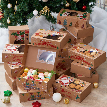 JOYIN 24PCS Christmas Cookie Boxes for Gift Giving, 8.75" x 5.75" x 2.75" Xmas Holiday Bakery Treat Boxes with Window, Kraft Cookie Tin Containers Box for Baked Goods, Cupcake, Pastry, Brownies, Candy