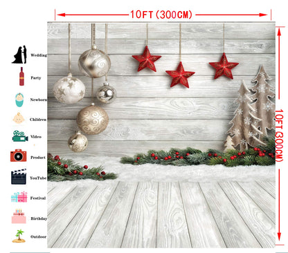 Dudaacvt 10x10ft Christmas Backdrop with Xmas Tree, Balls, White Wood Floor for Photography