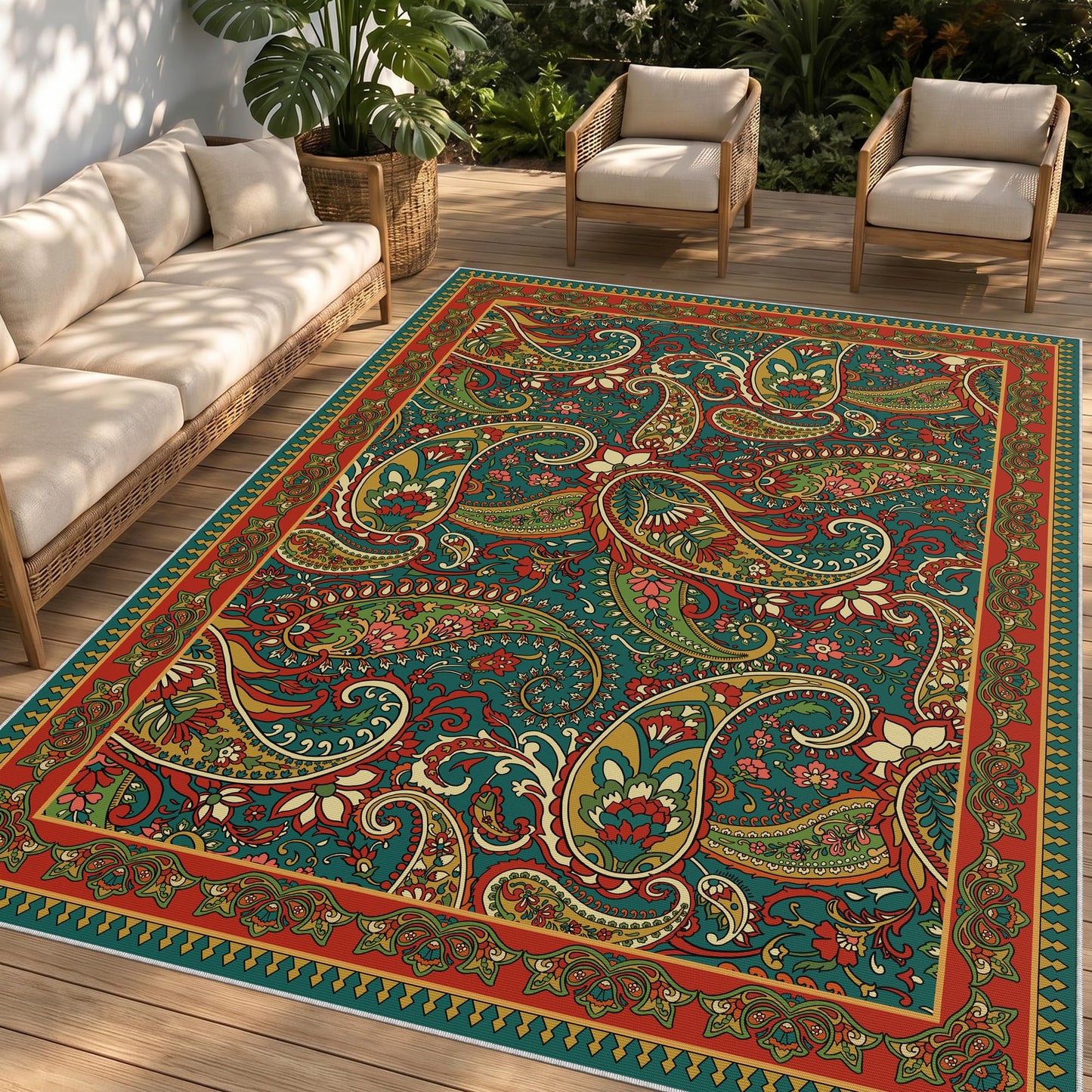 Arenarug Paisley Outdoor Rug Waterproof 6x9, UV Resistant Non Slip Patio Rug, Indoor Outdoor Boho Camping Rug Linen-Look RV Carpet for Deck Balcony Backyard, Terracotta
