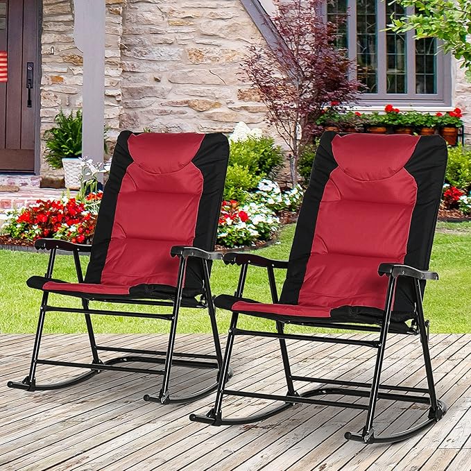 Outsunny Oversized Folding Rocking Camping Chair Set of 2, Padded Outdoor Rockers with High Back and Armrests, Portable Outdoor Patio Chairs with Steel Frame for Garden, Porch, Lawn, Red