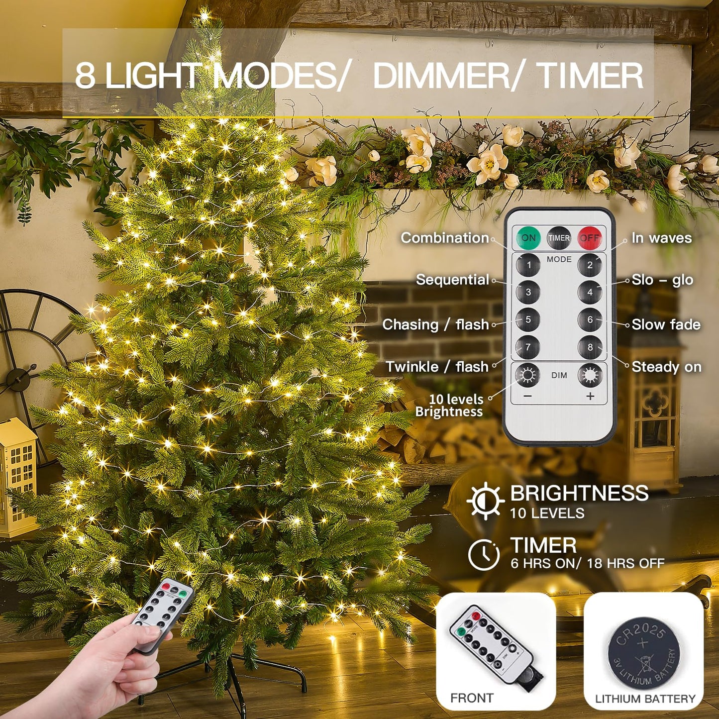 suddus 33ft 100 LED Outdoor String Lights, Warm White Fairy Lights Battery Operated with Remote, Led Twinkle Lights for Bedroom, Dorm, Backyard, Wedding, Tree, Mason Jar, Wall, Christmas