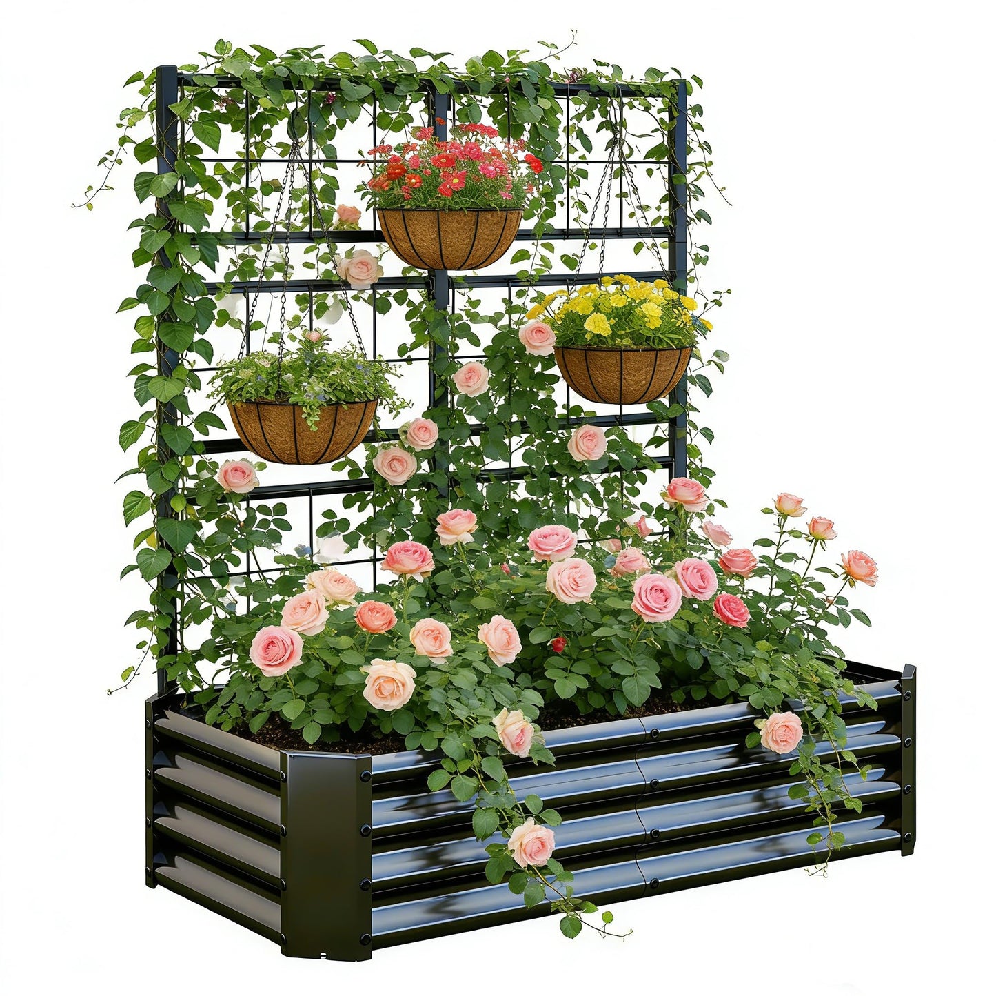 Galvanized Raised Garden Bed with Trellis for Climbing Plants Outdoor,Metal Vertical Garden Planter Box for Patio,Heavy Duty Elevated Garden Bed for Vegetables Tomatoes Cucumbers Flowers Herbs,Black