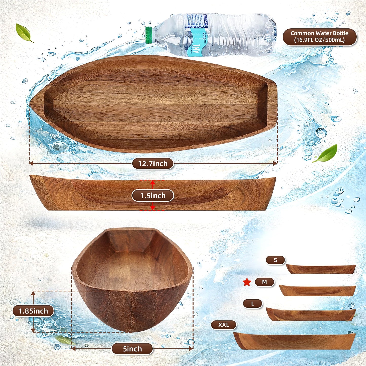 CAMLOT Lucky Boat Serving Tray, Acacia Solid Wood Interesting Shape Plate for Serving Desserts, Fruit, Snack and House Ornament,Key Tray,Functional and Storage Decorative Bowl。(M)